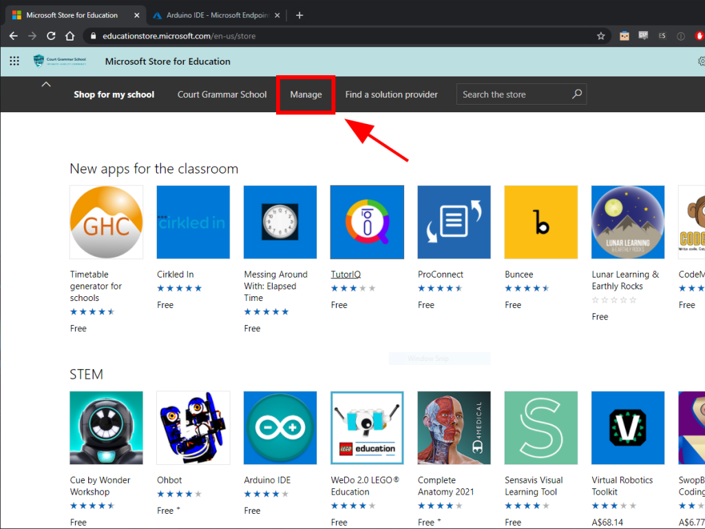 You first need to show offline apps in your Microsoft Store. Log into your store at educationstore.microsoft.com or businessstore.microsoft.com and select Manage from the top menu.